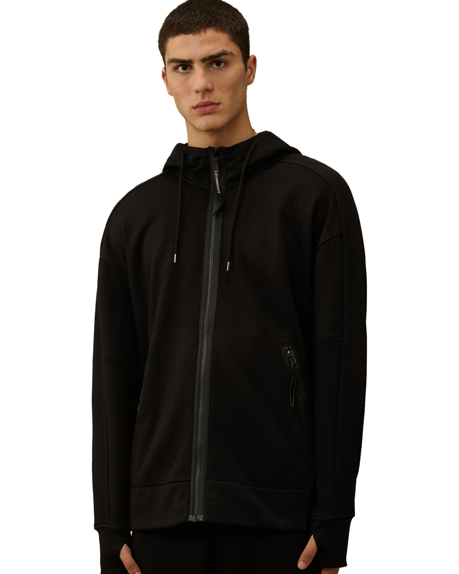 CP Company Diagonal Raised Fleece Goggle Zipped Hooded Sweatshirt Black