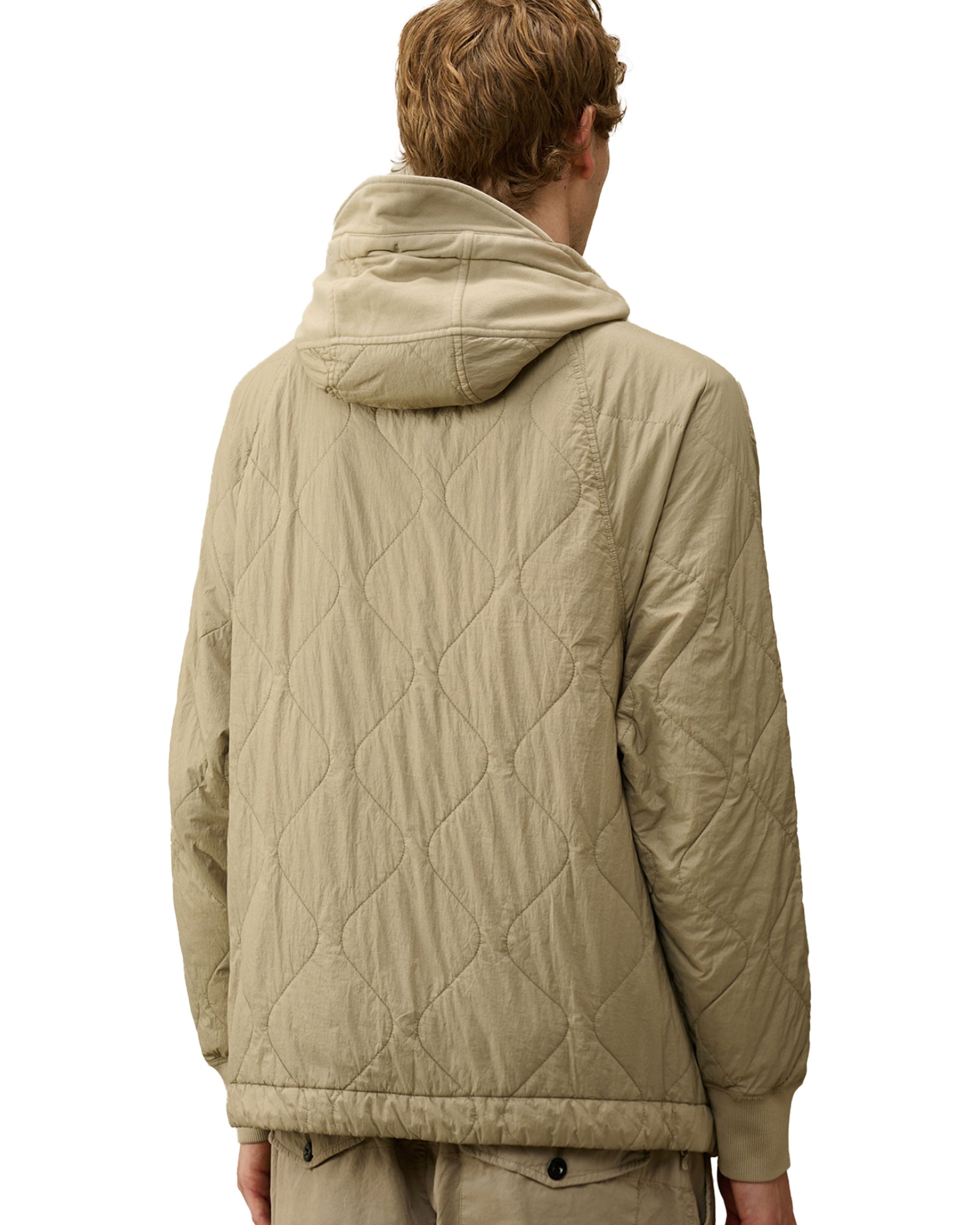 CP Company Diagonal Raised Fleece Mixed Quilted Hooded Sweatshirt Vintage Khaki