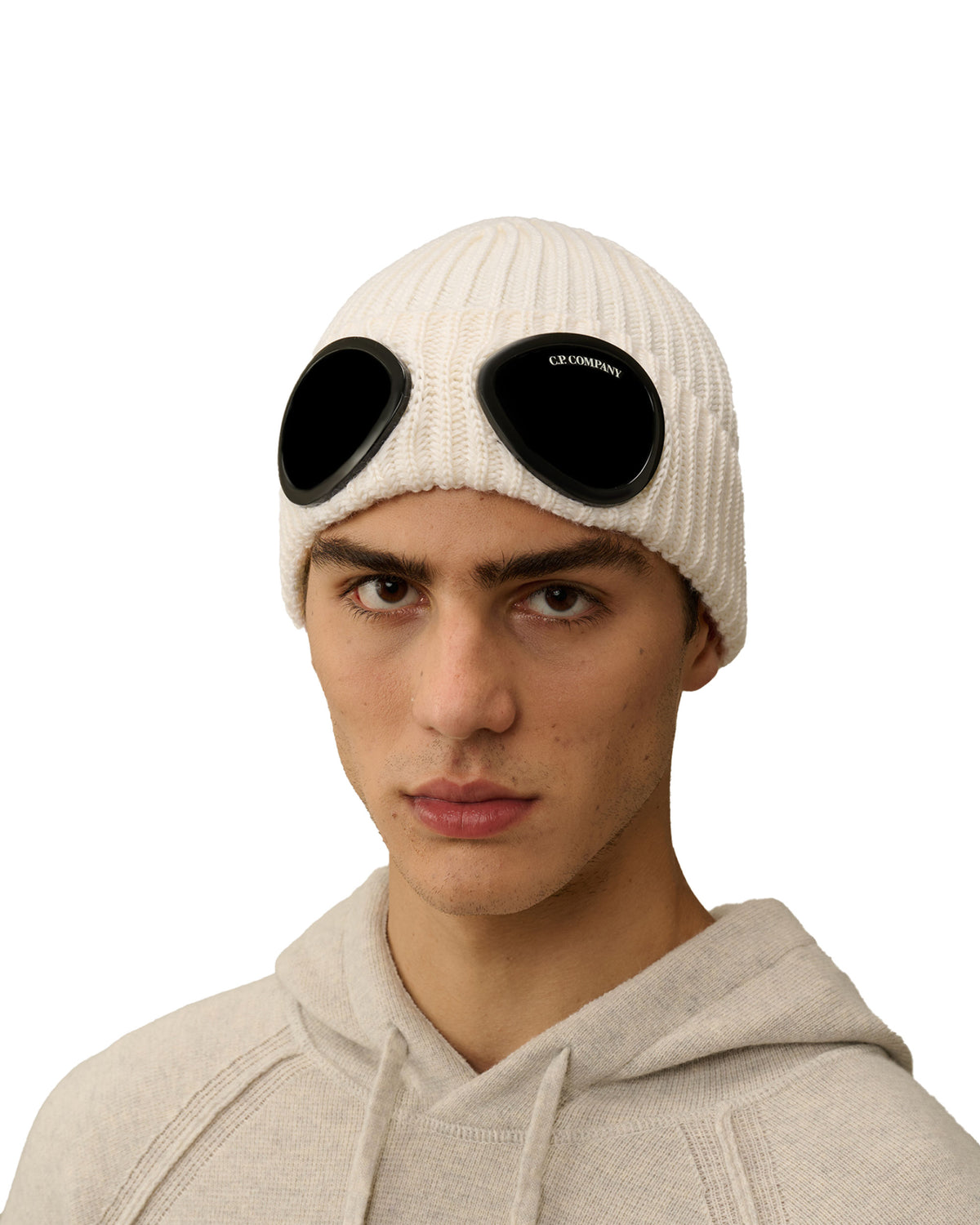 CP Company Extra Fine Merino Wool Google Beanie Gauze White