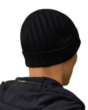 CP Company Extra Fine Merino Wool Logo Beanie Total Eclipse