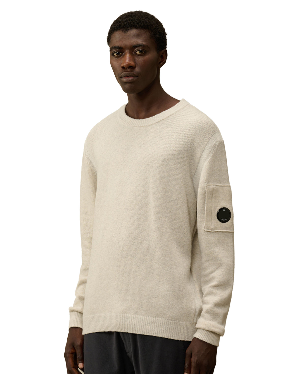 CP Company Knitwear Crew Neck in Fleece Knit White Melange