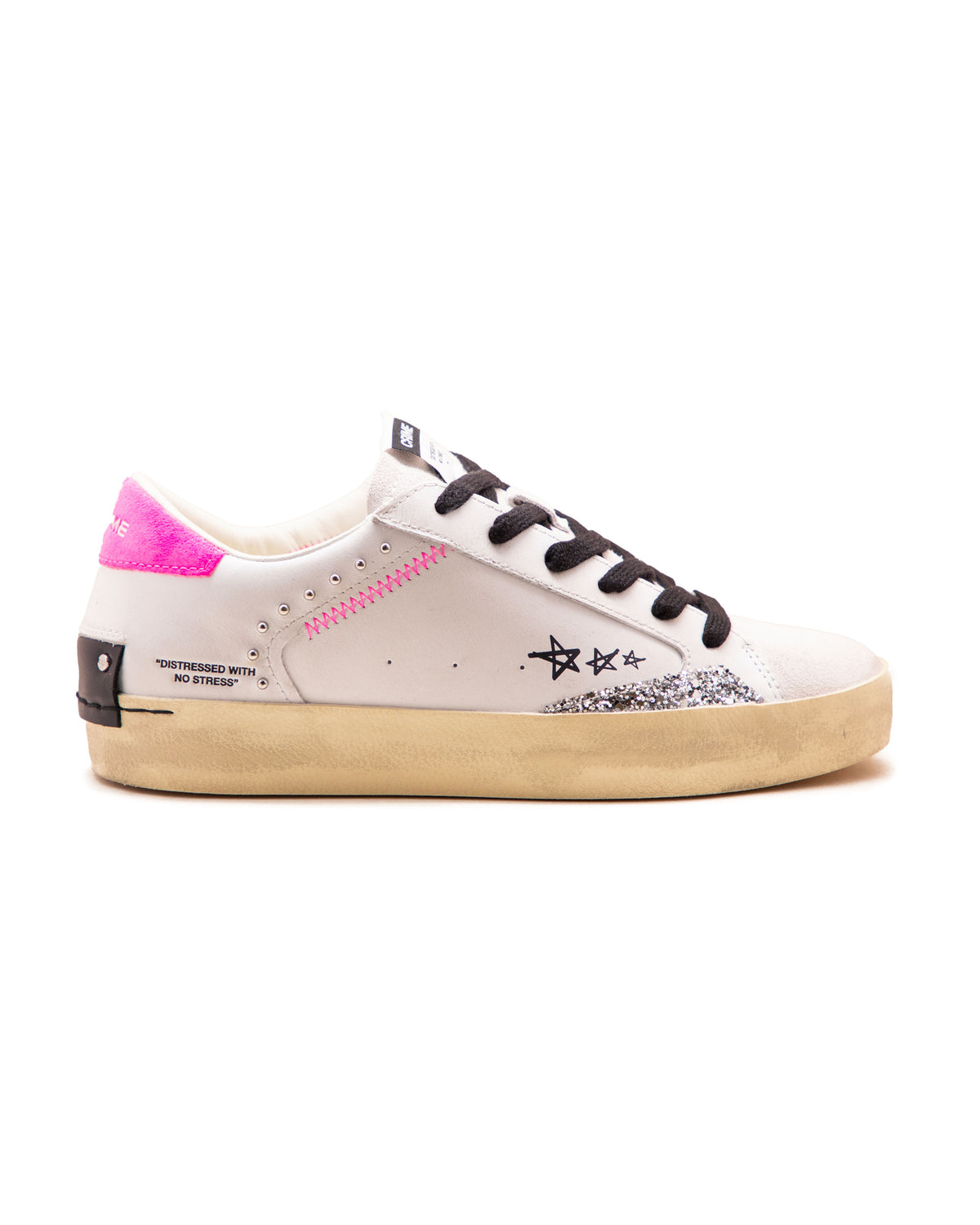 Crime London Distressed Bianco-Fuxia Glitter