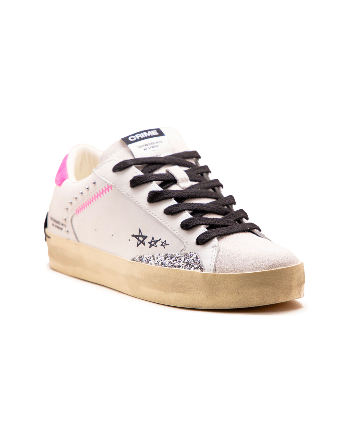 Crime London Distressed Bianco-Fuxia Glitter